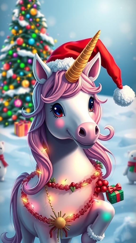 A festive unicorn in a Santa hat with Christmas decorations and a snowy background.